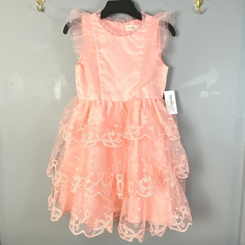 NWT Girls Ruffle Sleeveless Party Dress Peach / Pink Formal Wedding Guest Sz 14